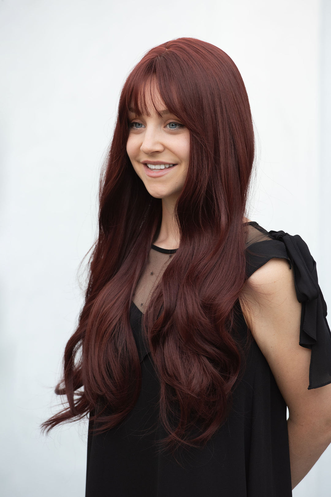 BURGUNDY RED WIG WITH BANGS LONG WAVY SYNTHETIC WIG ALANI