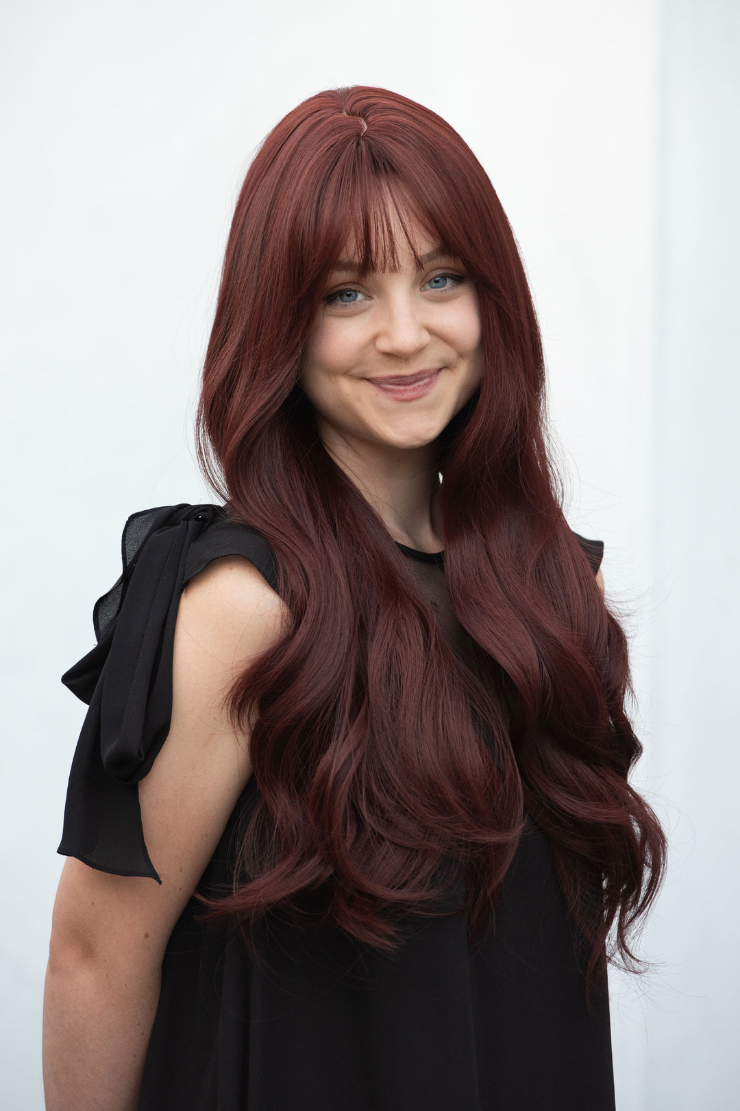 BURGUNDY RED WIG WITH BANGS LONG WAVY SYNTHETIC WIG ALANI