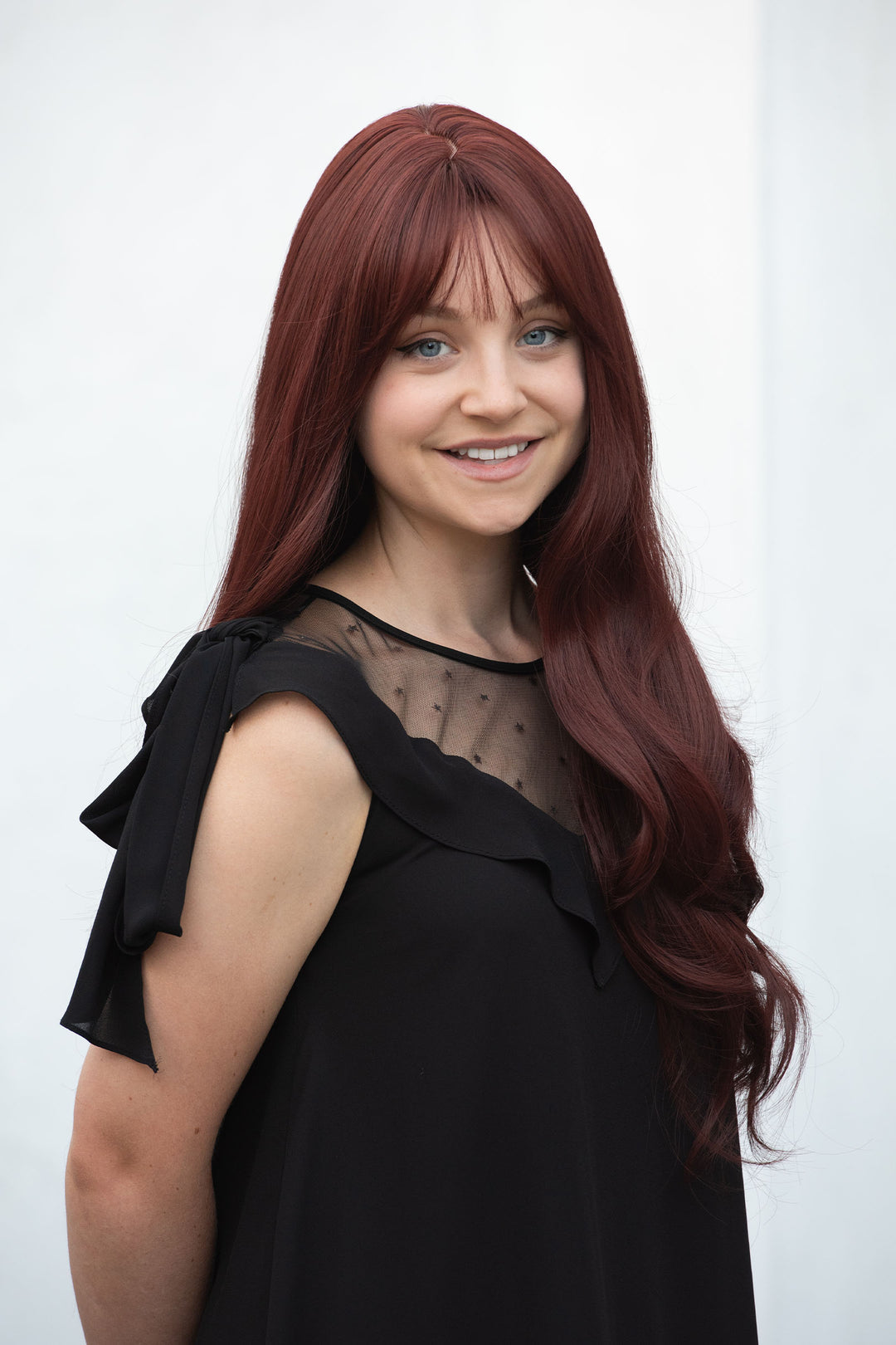 BURGUNDY RED WIG WITH BANGS LONG WAVY SYNTHETIC WIG ALANI