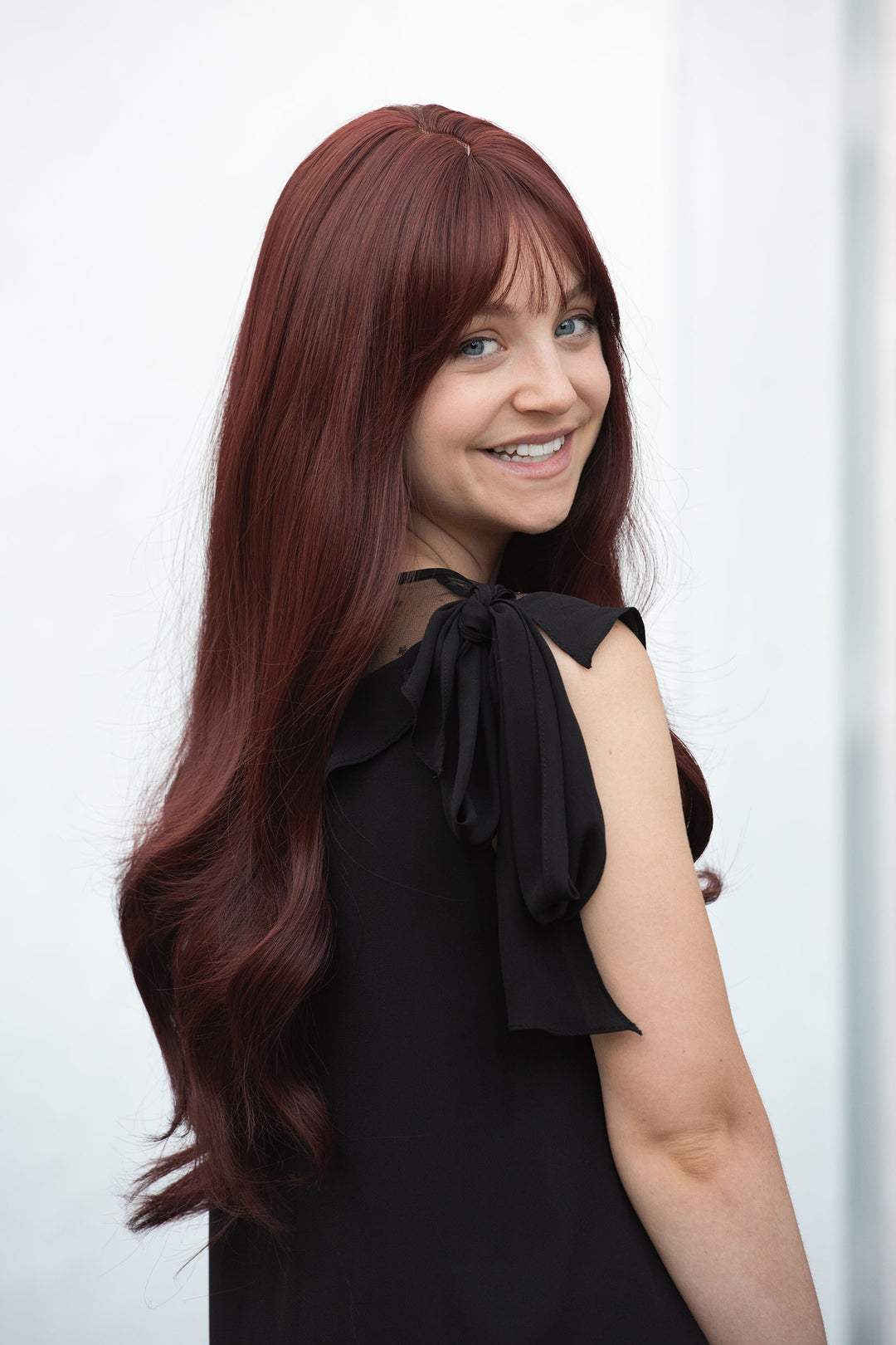 BURGUNDY RED WIG WITH BANGS LONG WAVY SYNTHETIC WIG ALANI