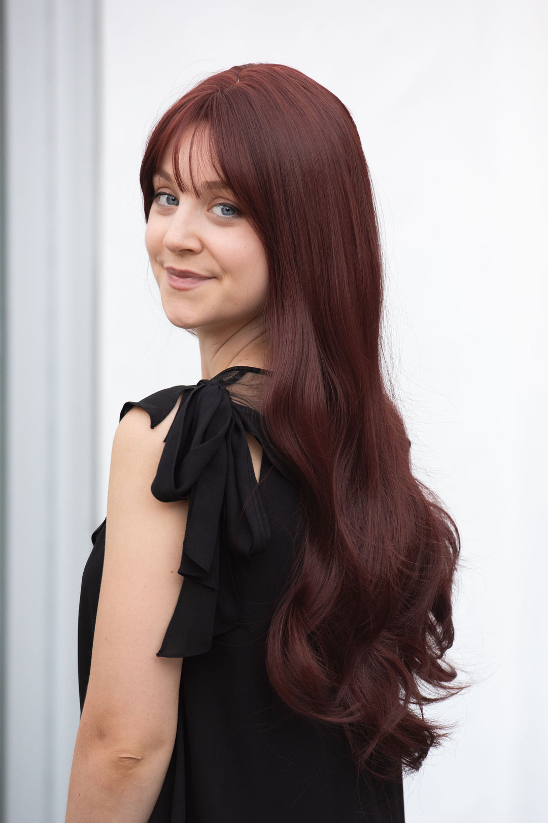 BURGUNDY RED WIG WITH BANGS LONG WAVY SYNTHETIC WIG ALANI