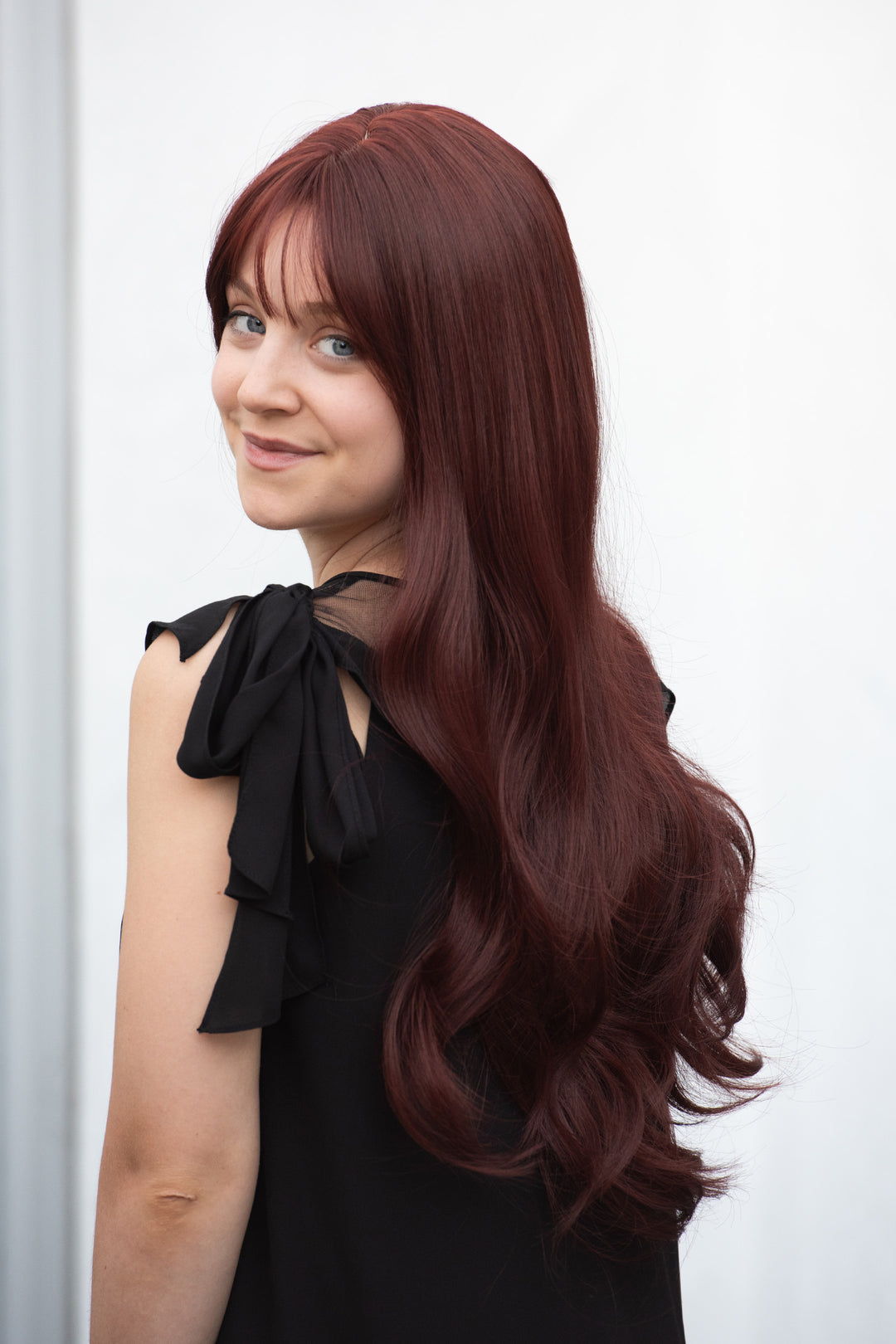 BURGUNDY RED WIG WITH BANGS LONG WAVY SYNTHETIC WIG ALANI