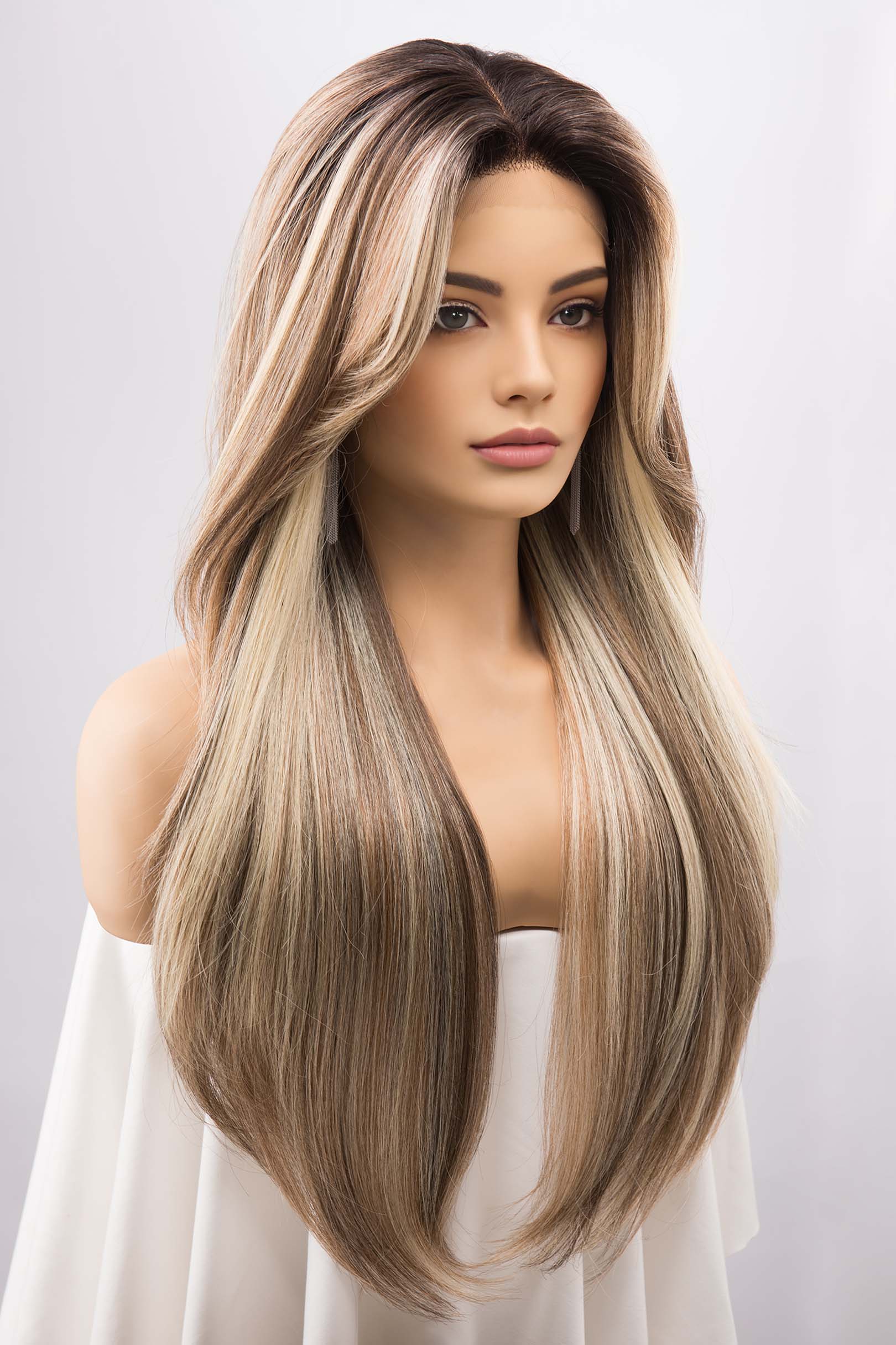 Balayage Dirty Blonde Straight Lace Front Wig with two Side Bangs