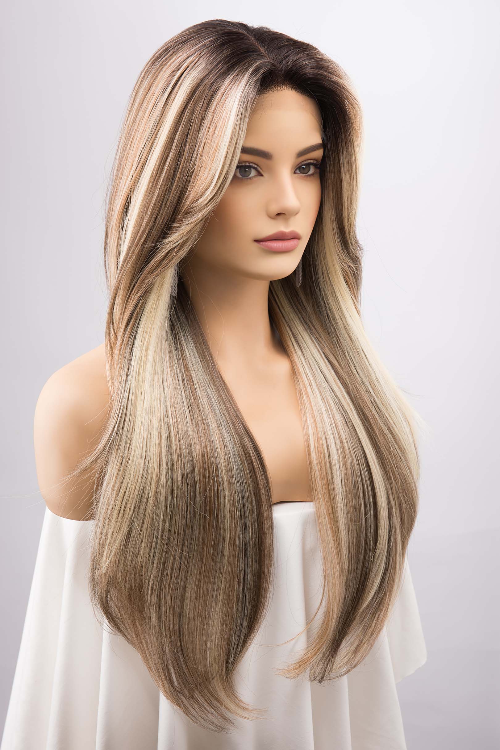 Balayage Dirty Blonde Straight Lace Front Wig with two Side Bangs