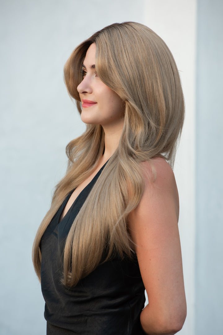 Golden Blonde Ombre Straight Lace Front Wig with Curtain Bangs Ayla