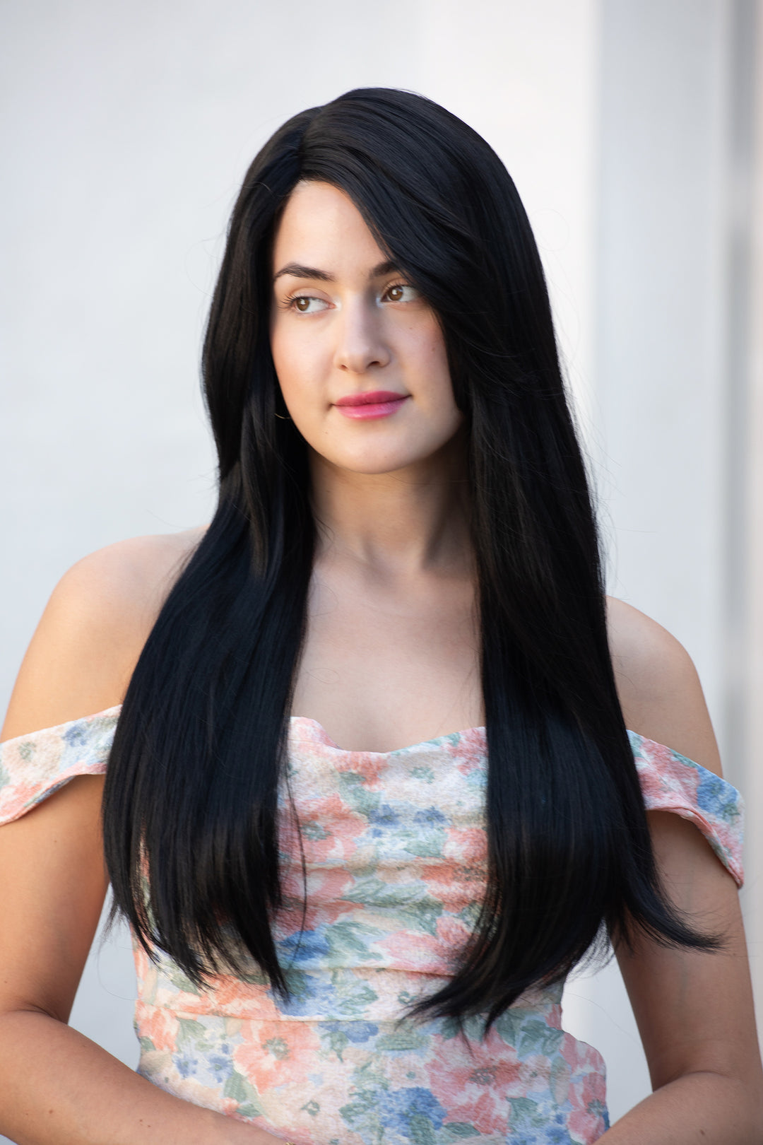 Jet Black Straight Synthetic Wig with Curtain Bangs Catherine