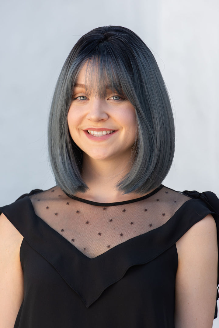 Ash Blue Ombre Straight Synthetic Bob Wig with Bangs Gracie