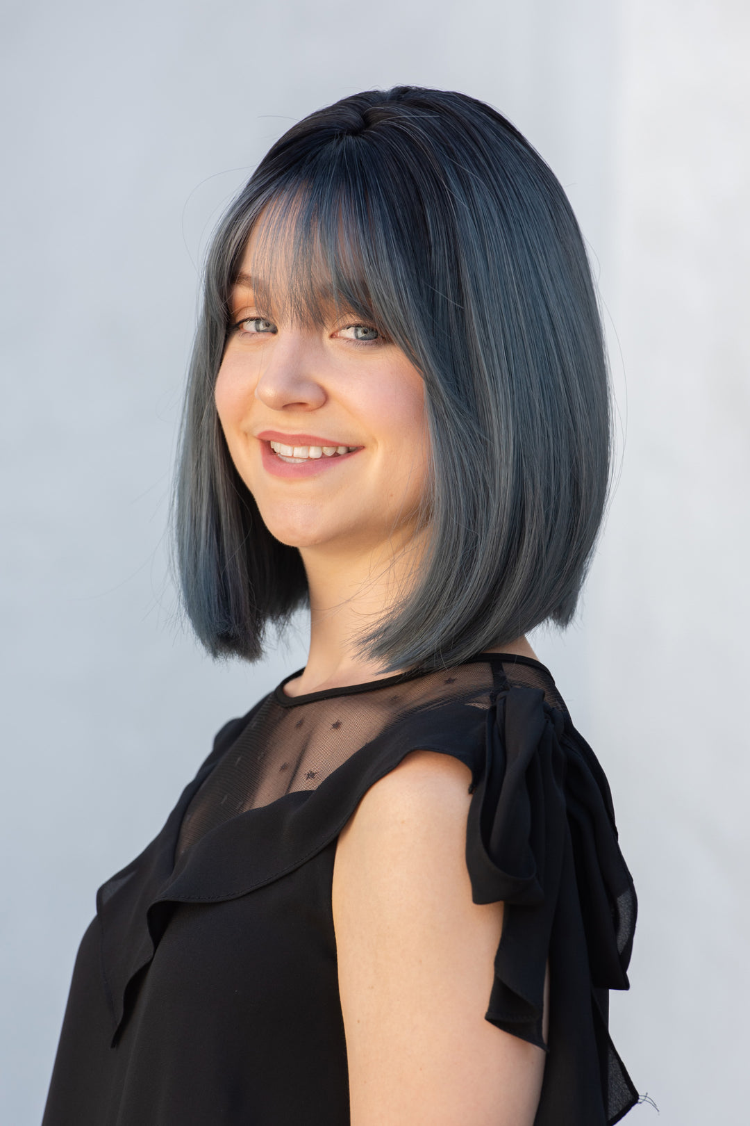 Ash Blue Ombre Straight Synthetic Bob Wig with Bangs Gracie