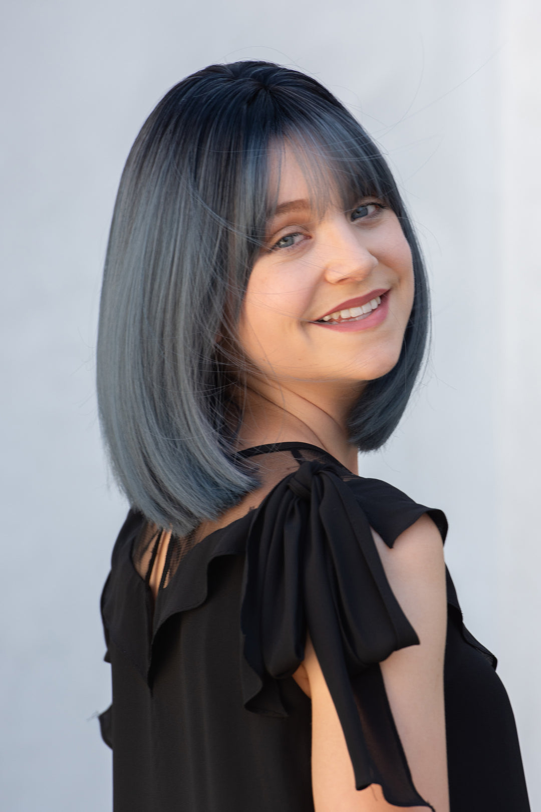 Ash Blue Ombre Straight Synthetic Bob Wig with Bangs Gracie