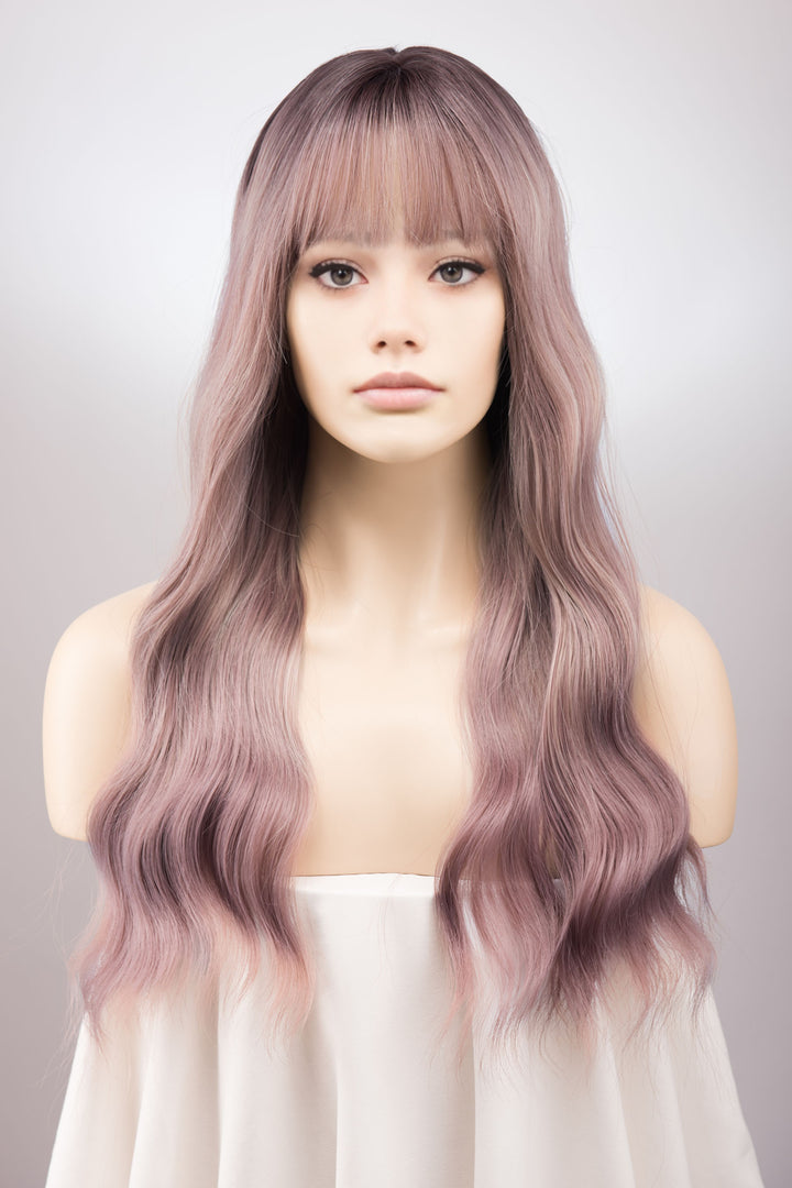 Ashy Pink Ombre Wavy Wig with Bangs Kamila