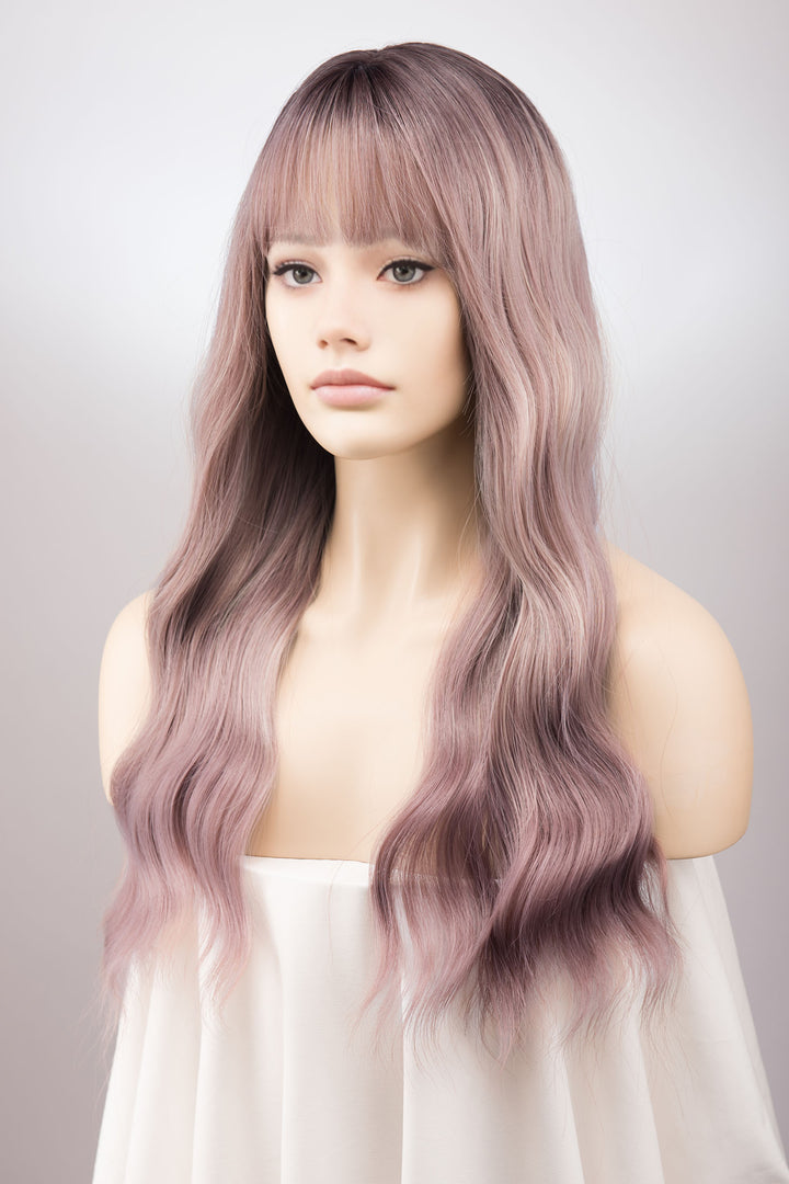 Ashy Pink Ombre Wavy Wig with Bangs Kamila