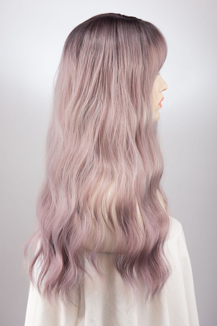 Ashy Pink Ombre Wavy Wig with Bangs Kamila