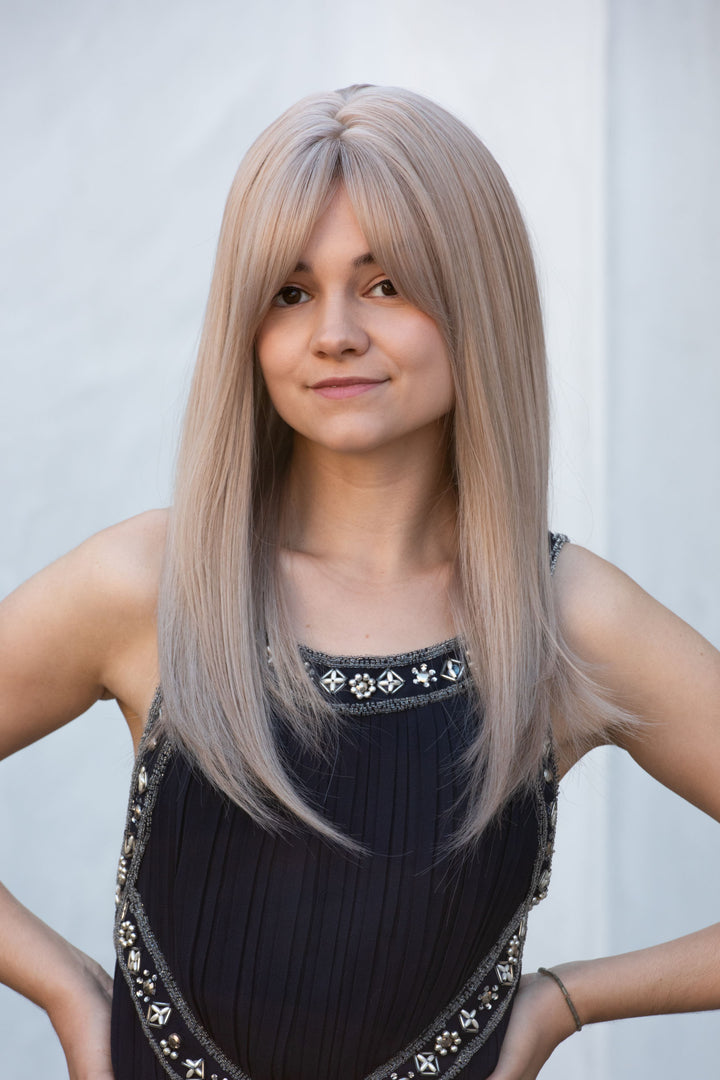 Ash Blonde Strawberry Blonde Platinum Blonde Highlights Balayage Long Bob Wig with Bangs Karla