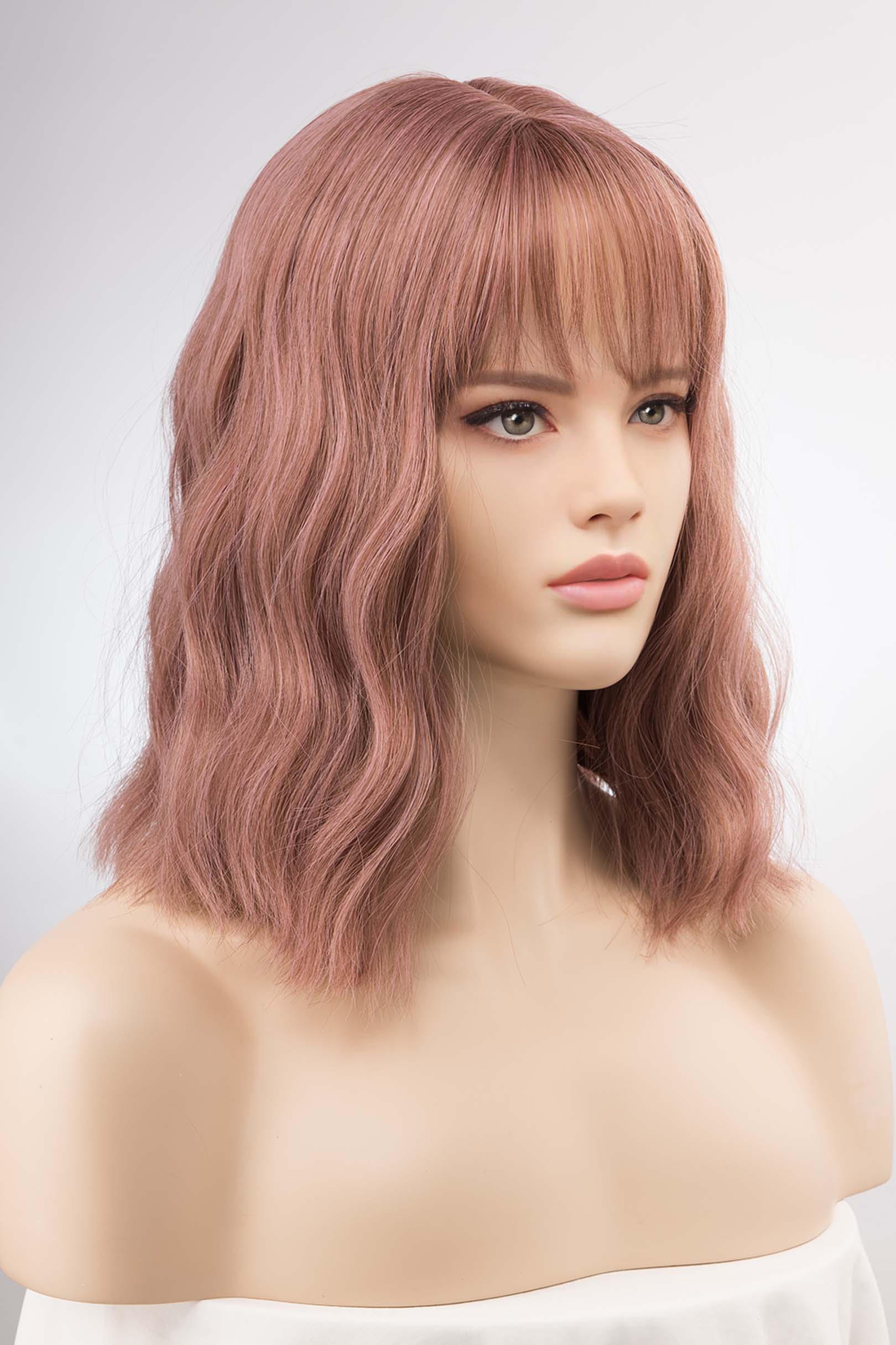 Rose Gold Pink Wavy Wig with Bangs Keily