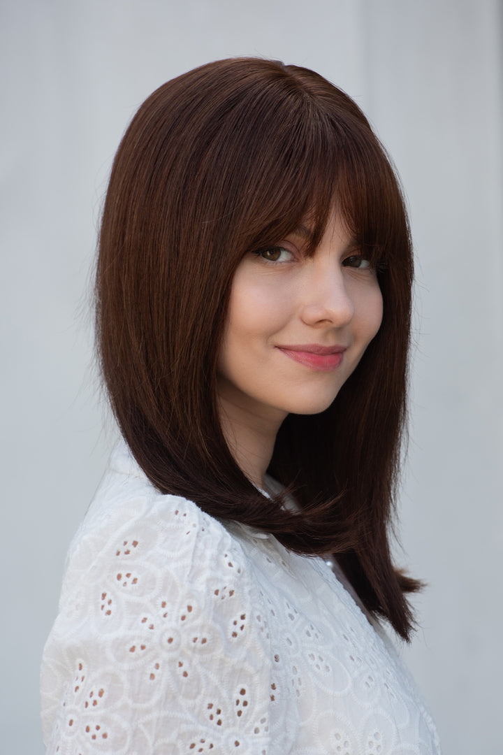 Straight Long Bob Cut Wig Natural Brown Brunette Wig with Bangs