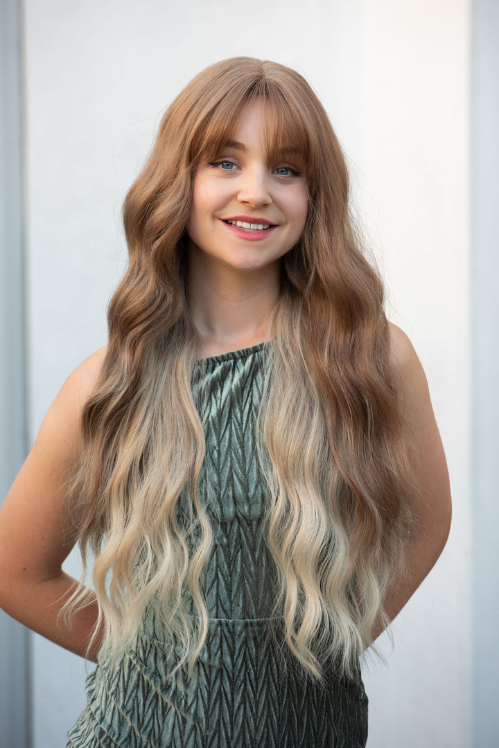 DARK BLONDE WITH ASH BLONDE HIGH LIGHT WIG WITH BANGS MACIE