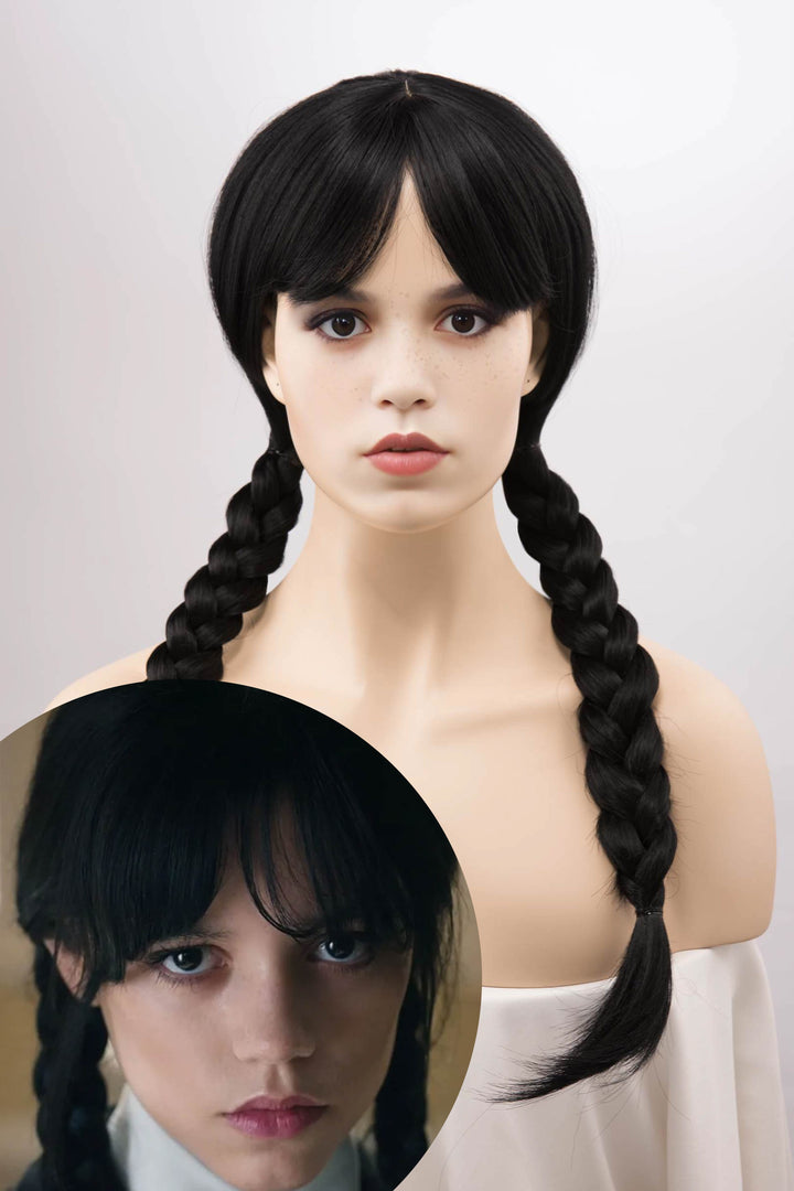 Wednesdays Cosplay Wig Black Wig with Bangs Silky Long Straight Gothic Wig Maeve