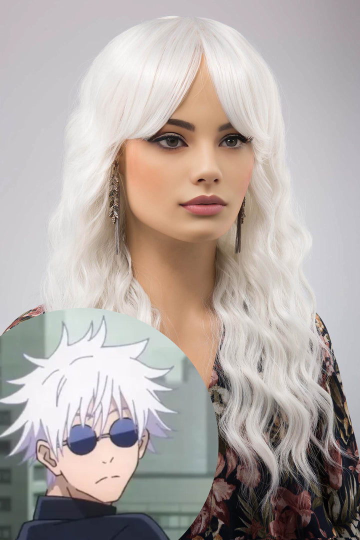 Pearl White Wavy Synthetic Wig with Bangs Marlon Gojo Look