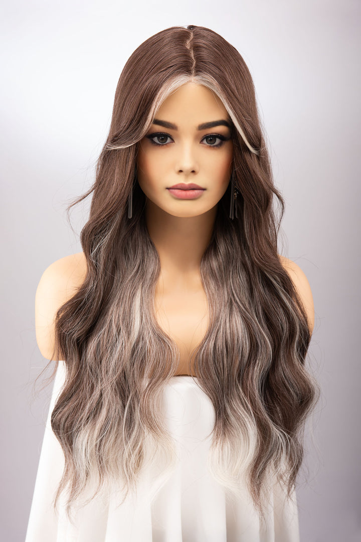 Natural Brown Brunette Color with Silver Blonde Highlights Wavy Lace Wig Melina