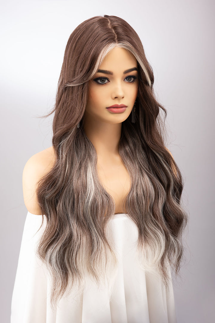 Natural Brown Brunette Color with Silver Blonde Highlights Wavy Lace Wig Melina