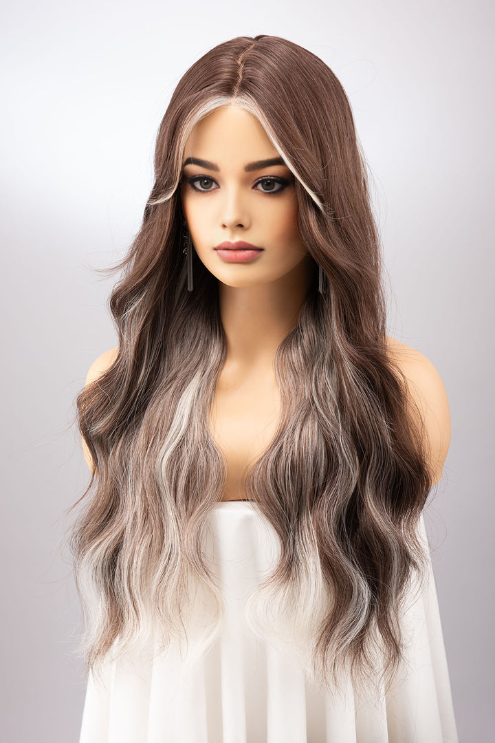 Natural Brown Brunette Color with Silver Blonde Highlights Wavy Lace Wig Melina