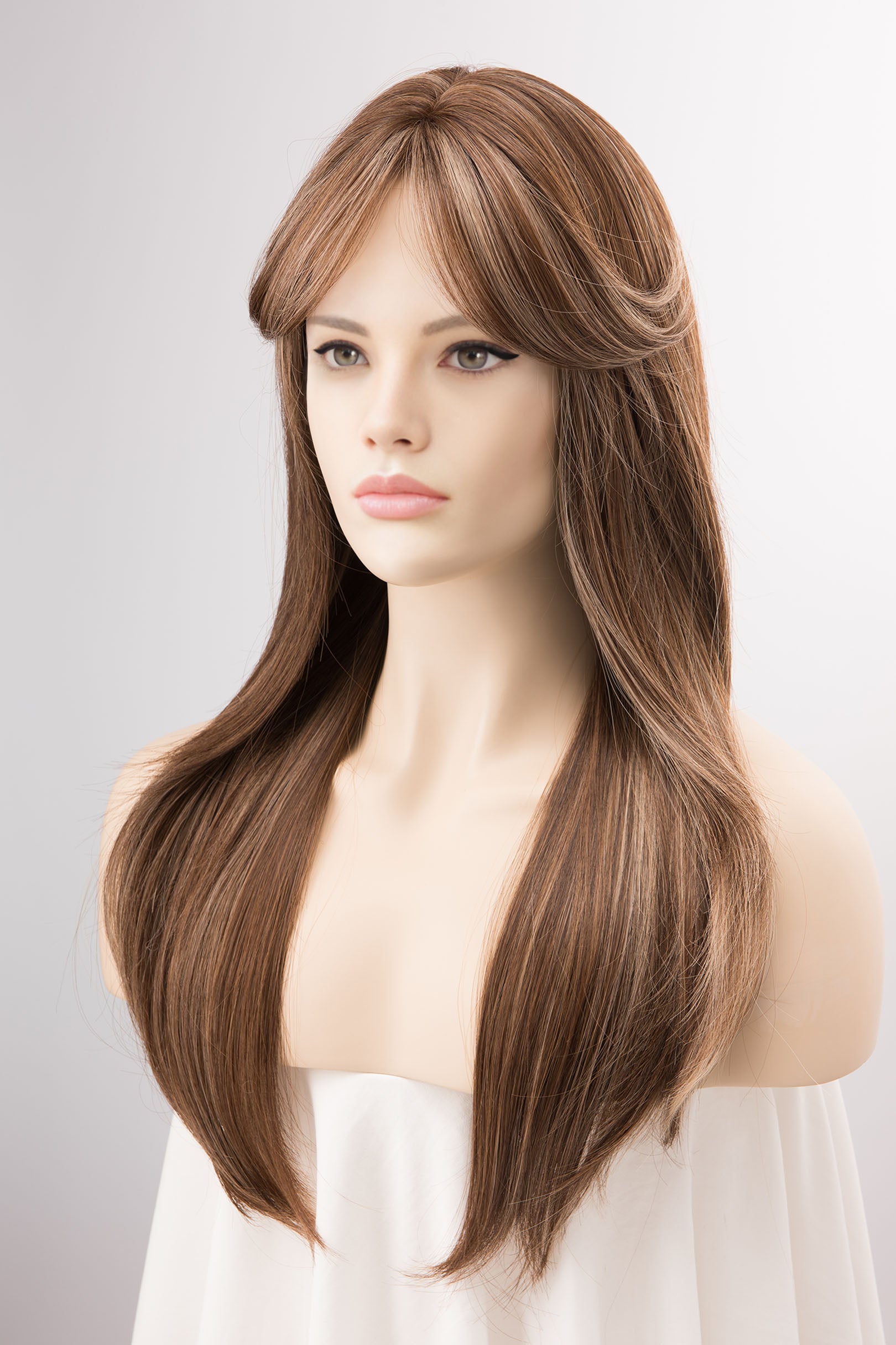 Brunette Hair with Blonde Highlights Wig with Side Bangs Milana