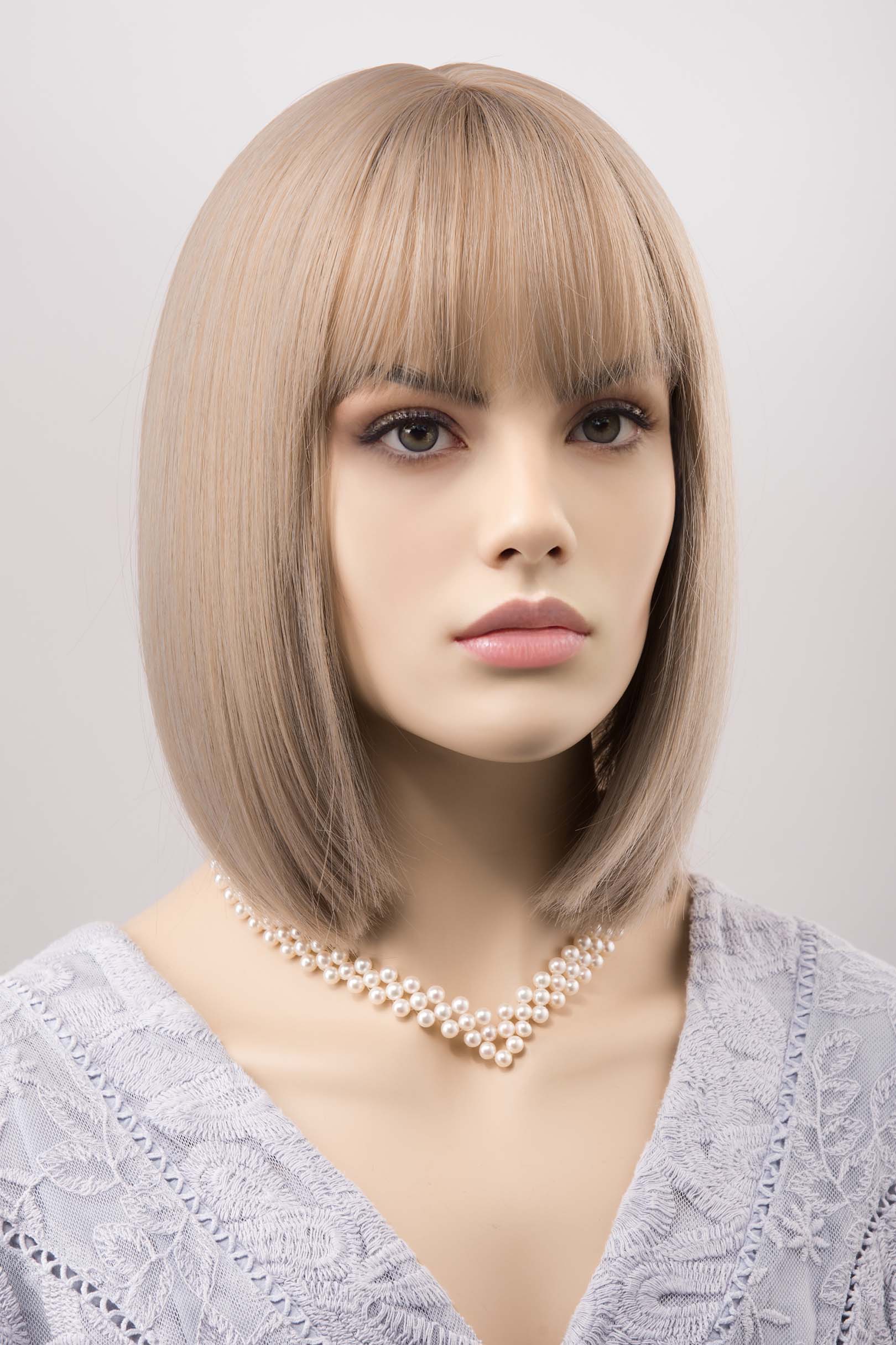 Ash Beige Blonde Straight Bob Wig with Bangs Oana Her Wig Closet