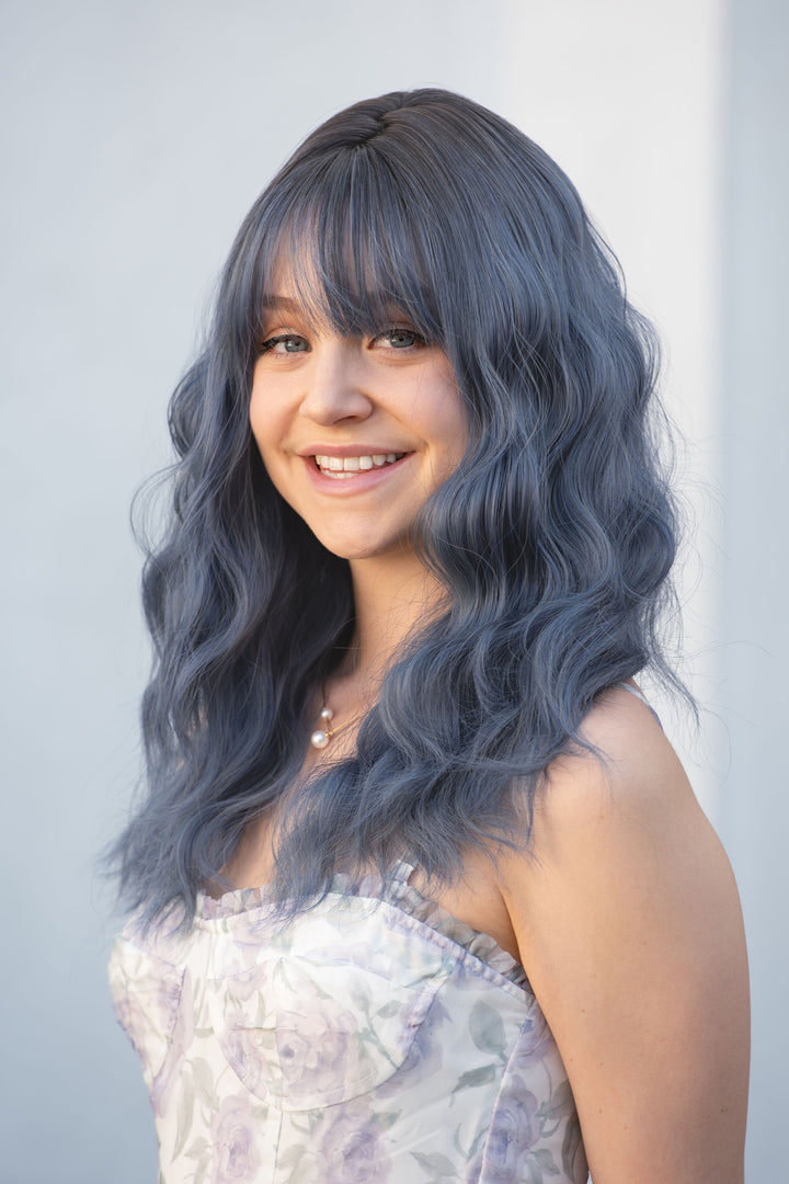 Pastel Blue Ombre Wavy Synthetic Wig with Bangs Odeta