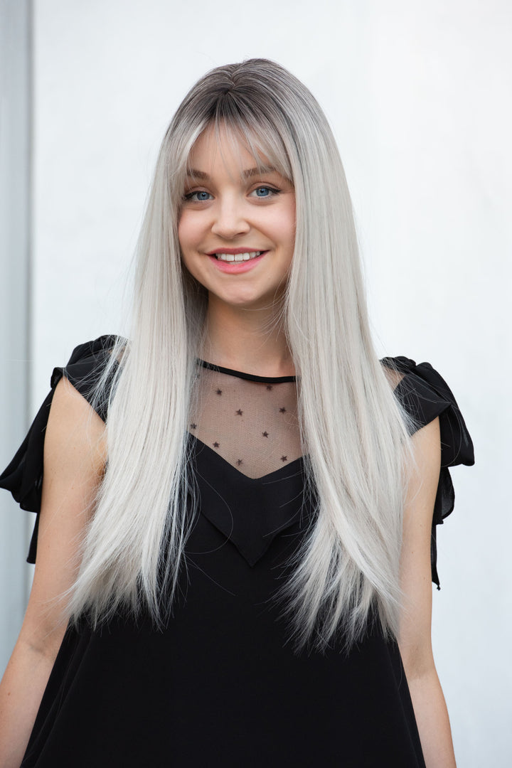 ASH SILVER OMBRE WIG WITH BANGS LONG STRAIGHT SYNTHETIC WIG OPAL