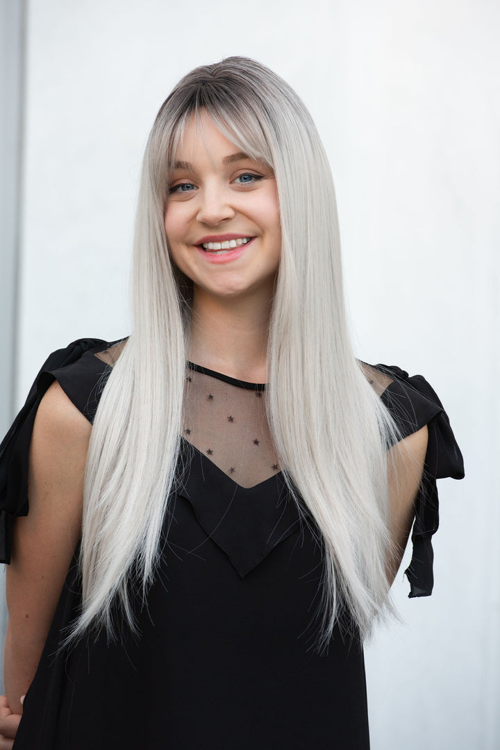 ASH SILVER OMBRE WIG WITH BANGS LONG STRAIGHT SYNTHETIC WIG OPAL