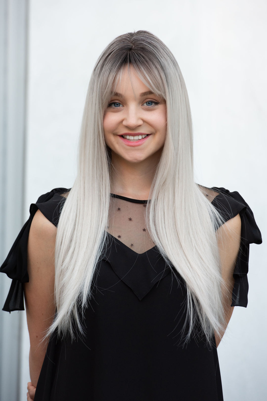 ASH SILVER OMBRE WIG WITH BANGS LONG STRAIGHT SYNTHETIC WIG OPAL