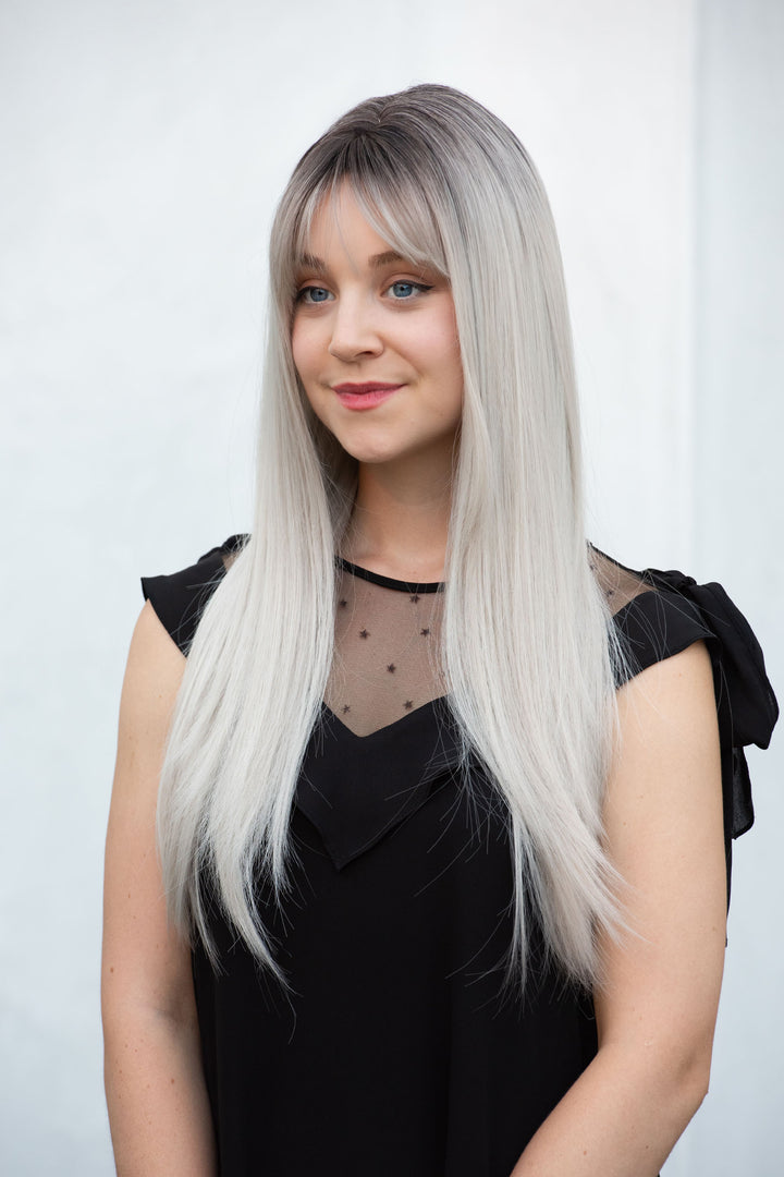 ASH SILVER OMBRE WIG WITH BANGS LONG STRAIGHT SYNTHETIC WIG OPAL