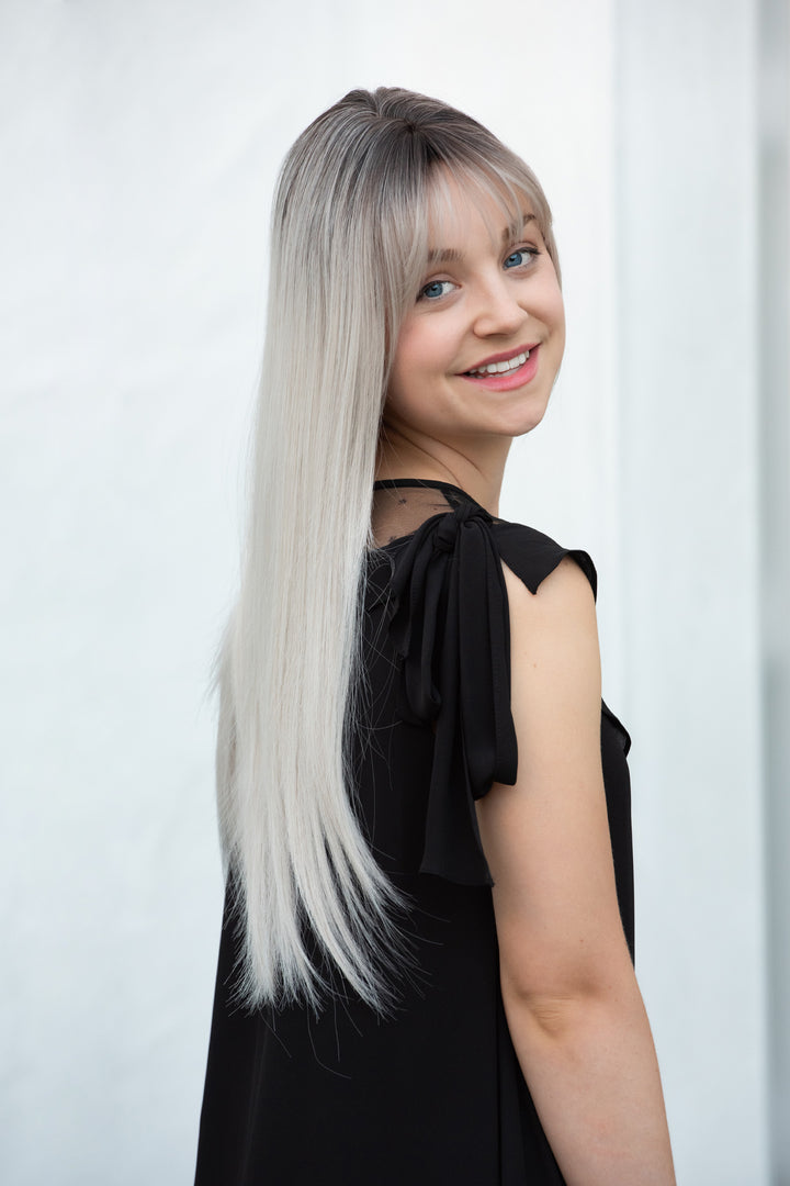 ASH SILVER OMBRE WIG WITH BANGS LONG STRAIGHT SYNTHETIC WIG OPAL