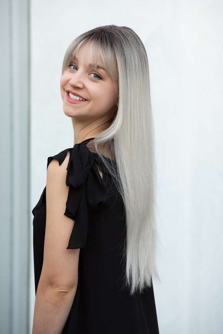 ASH SILVER OMBRE WIG WITH BANGS LONG STRAIGHT SYNTHETIC WIG OPAL