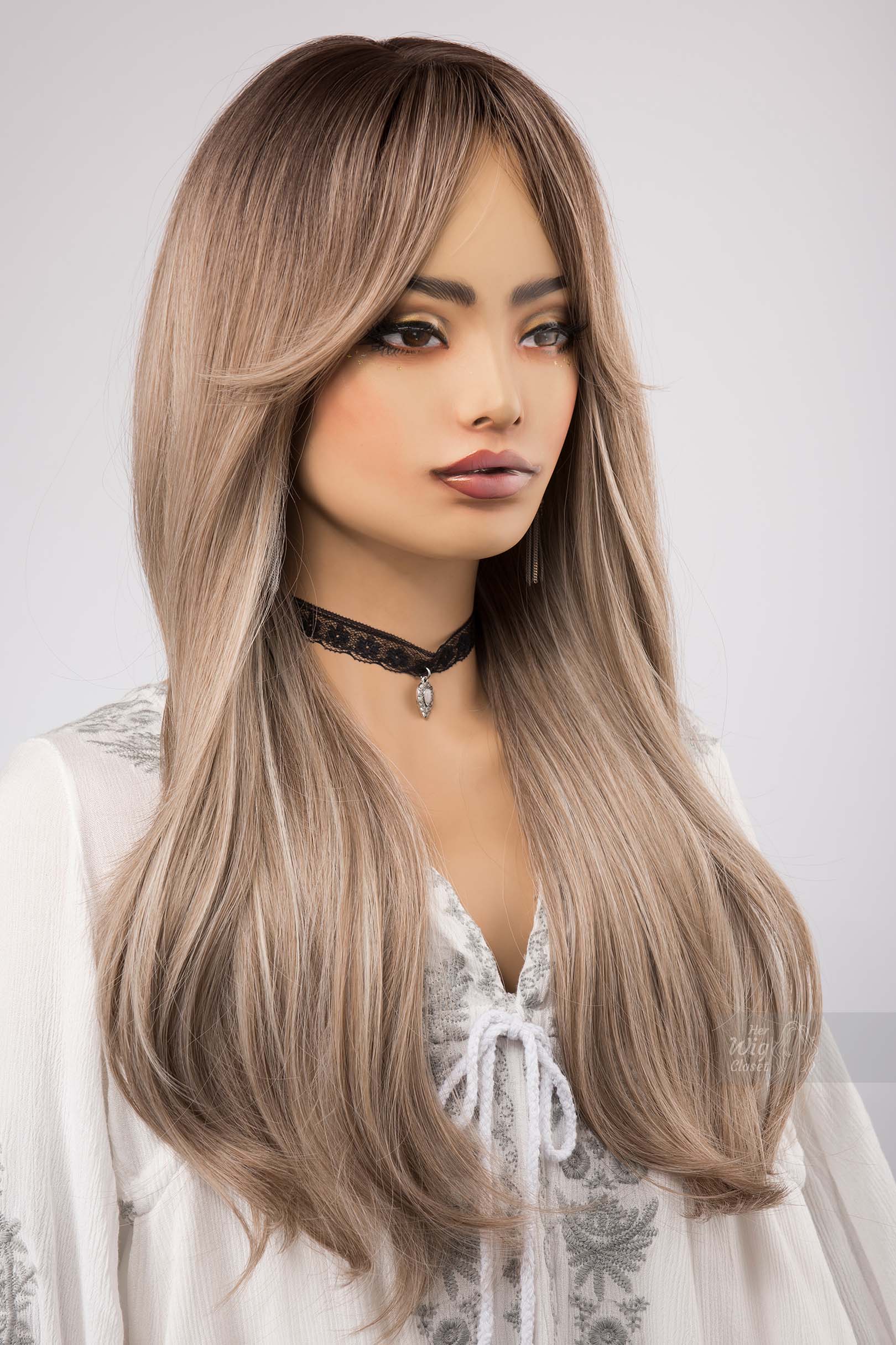 Ash Blonde Highlight Wig No Lace Middle Part Straight Wavy Bob Wig