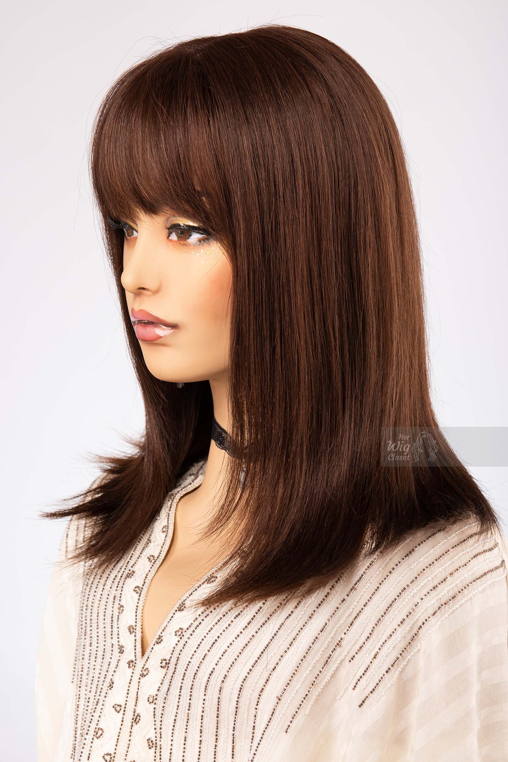 Straight Long Bob Cut Wig Natural Brown Brunette Wig with Bangs