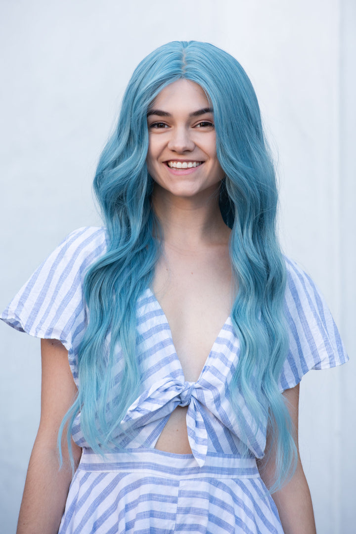 Pastel Blue Ash Blue Turquoise Blue Wig Long Wavy Middle Part Lace Wig Selena