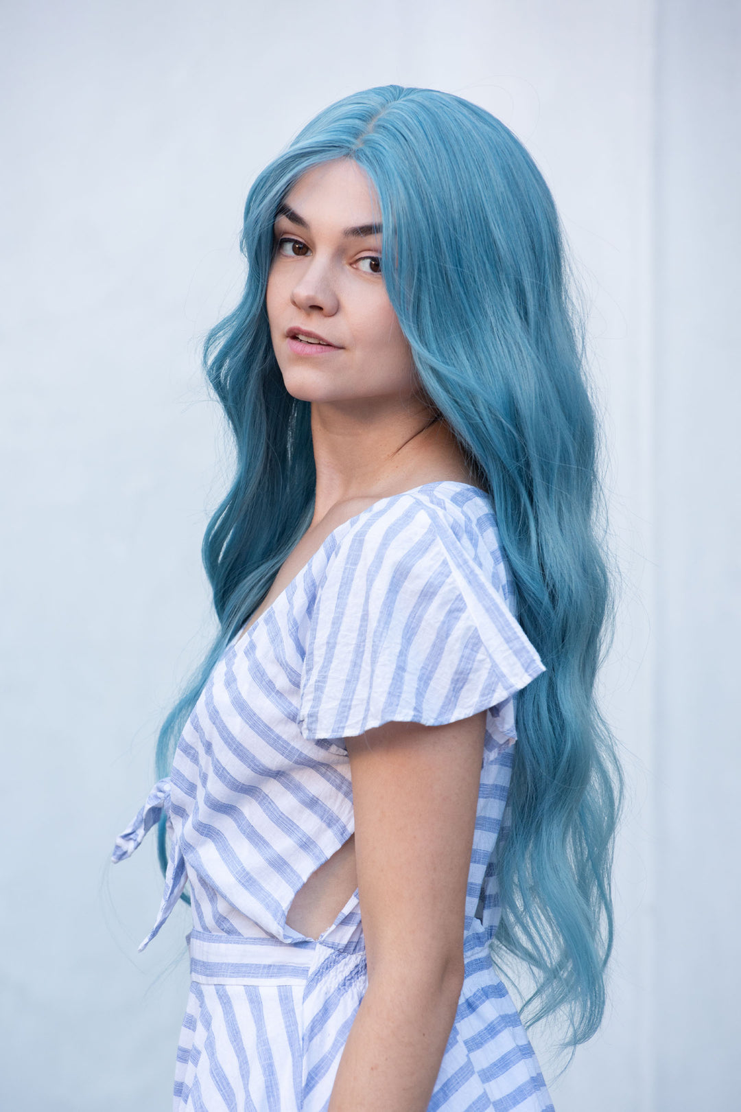 Pastel Blue Ash Blue Turquoise Blue Wig Long Wavy Middle Part Lace Wig Selena