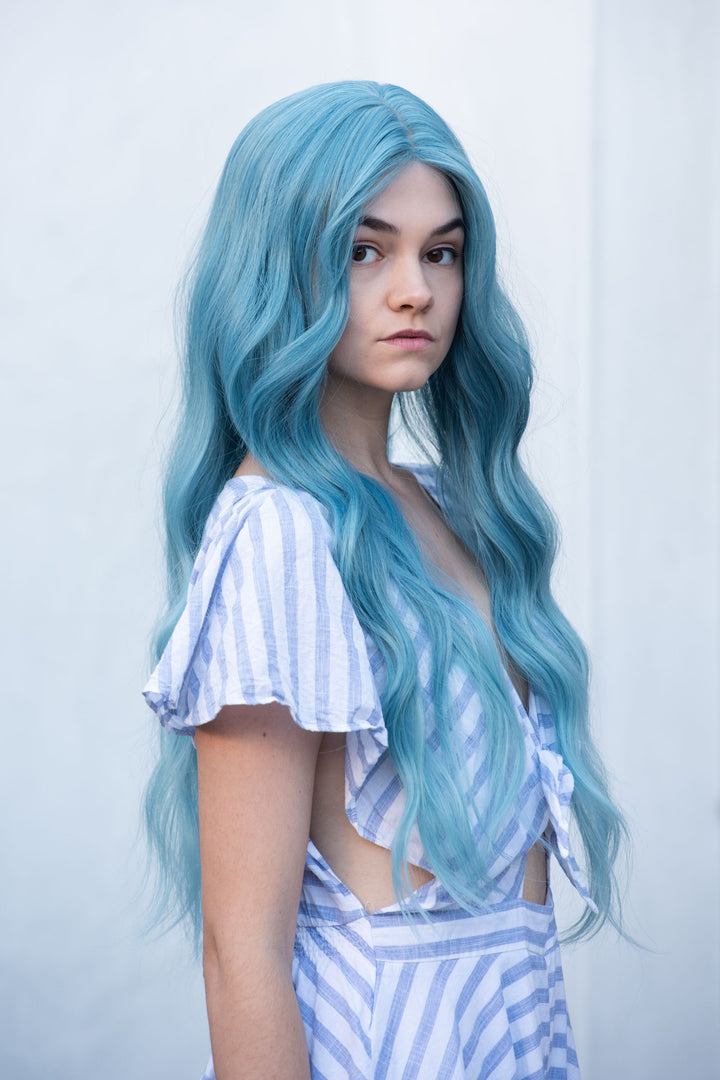 Pastel Blue Ash Blue Turquoise Blue Wig Long Wavy Middle Part Lace Wig Selena