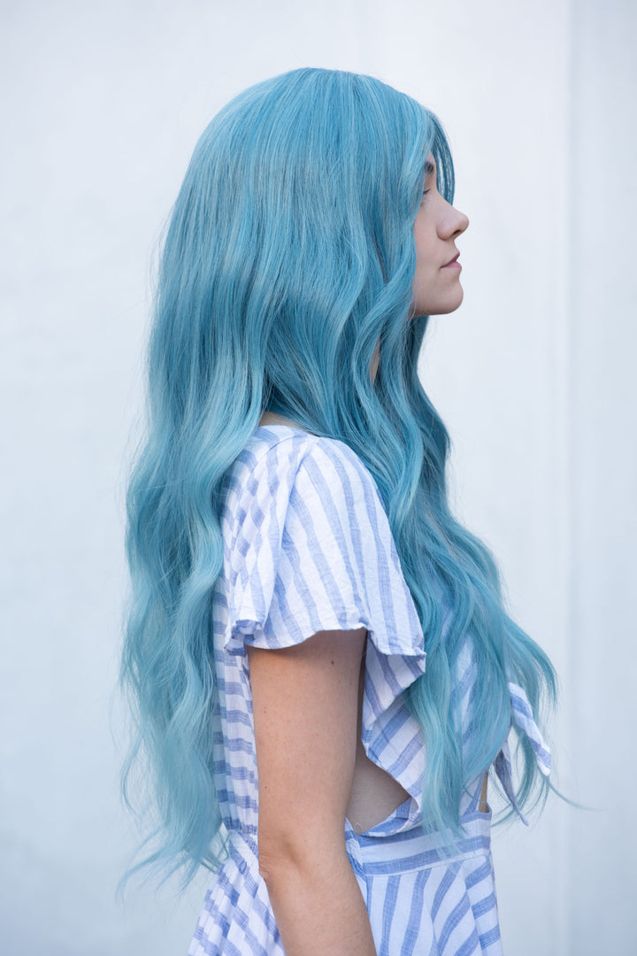 Pastel Blue Ash Blue Turquoise Blue Wig Long Wavy Middle Part Lace Wig Selena