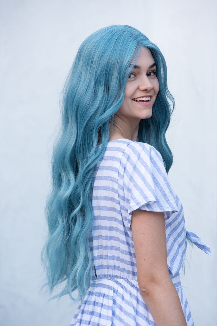 Pastel Blue Ash Blue Turquoise Blue Wig Long Wavy Middle Part Lace Wig Selena