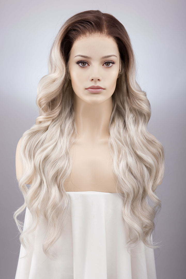 Dark Roots Silver Ombre Wavy Large Lace Front Wig Fourth Wing Cosplay Sorrengail