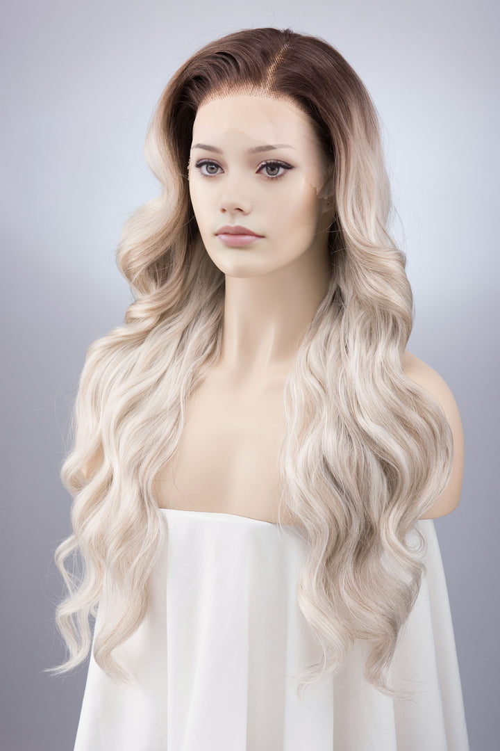 Dark Roots Silver Ombre Wavy Large Lace Front Wig Fourth Wing Cosplay Sorrengail