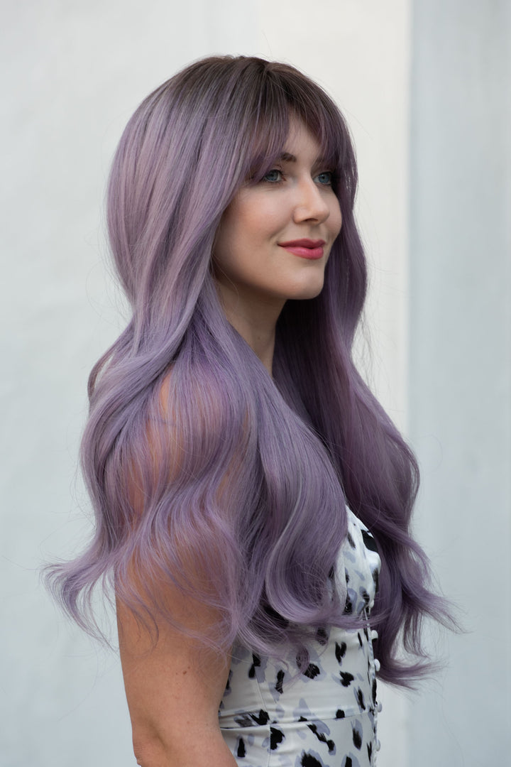 Brown Purple Ombre Wavy Synthetic Hair Wig with Bangs Vanessa