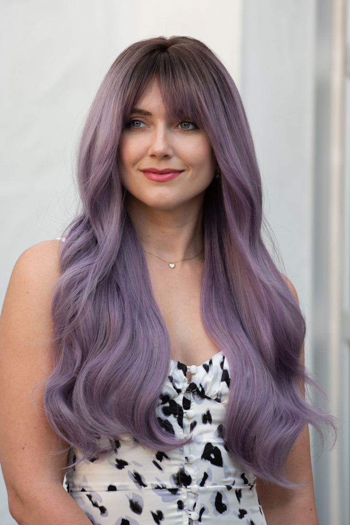 Brown Purple Ombre Wavy Synthetic Hair Wig with Bangs Vanessa