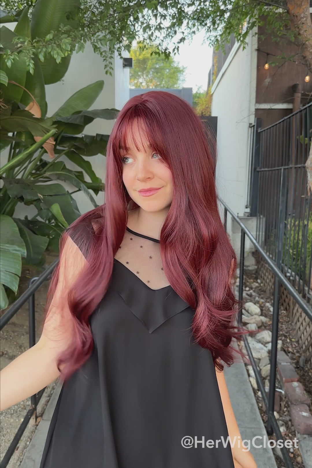 BURGUNDY RED WIG WITH BANGS LONG WAVY SYNTHETIC WIG ALANI