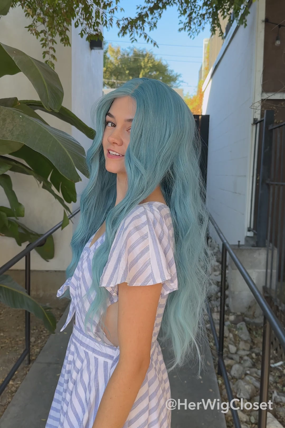 Pastel Blue Ash Blue Turquoise Blue Wig Long Wavy Middle Part Lace Wig Selena