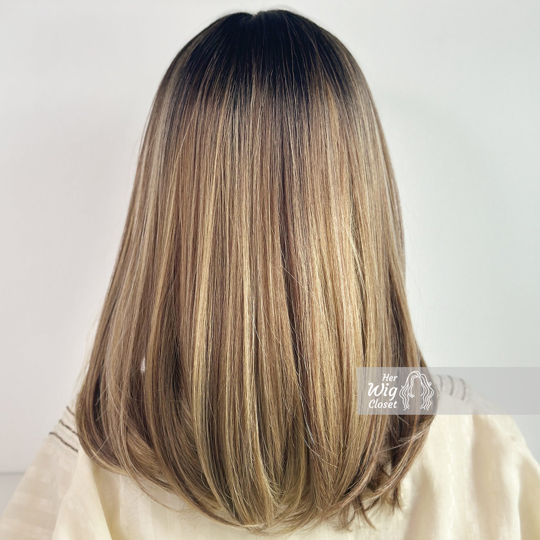 Dark Roots Ombre Blonde Highlight Balayage Straight Hair Wig with Bangs Her Wig Closet Elisa